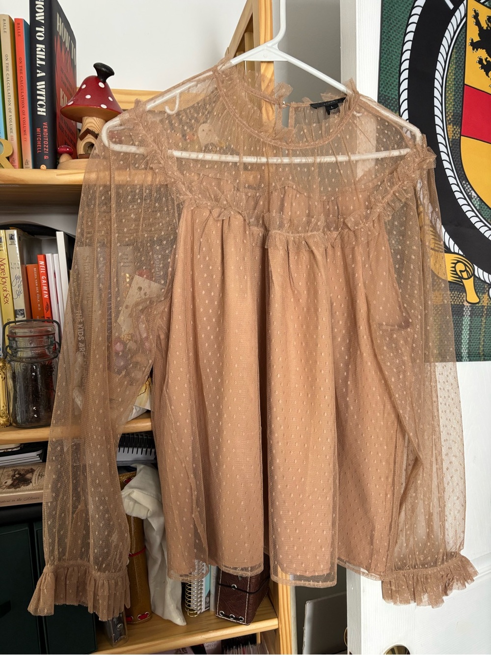 J.Crew Sheer Dot-Textured Ruffle Yoke Blouse - Nude/Tan